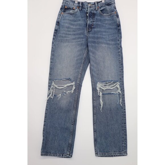 Topshop Blue Distressed High-Rise Mom Jeans W26 L30 Button Fly Denim Pants - Picture 1 of 14